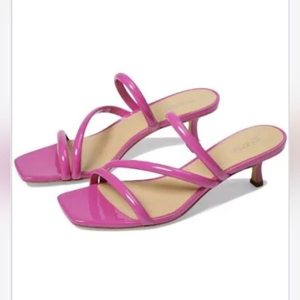 Michael Kors Celia Kitten Strappy Square Toe Slide Pink Patent Bombe Size 8.5
